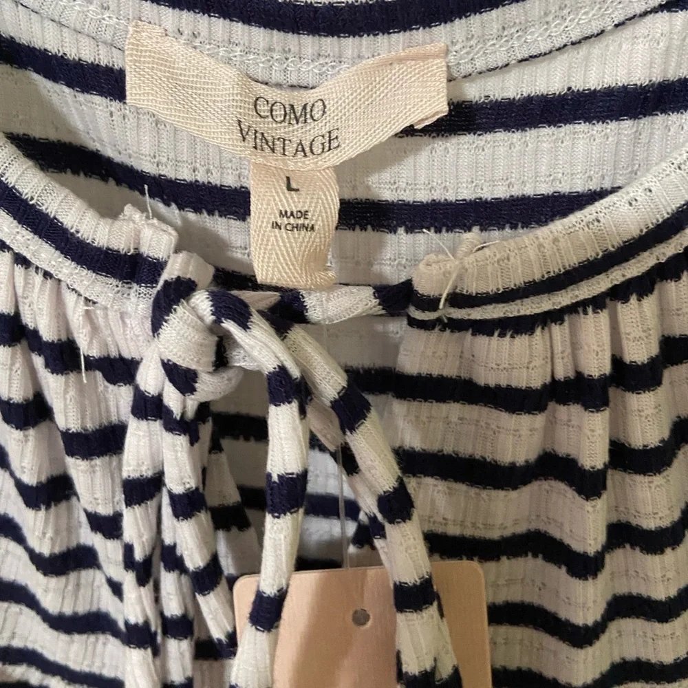 Como Vintage Navy and cream stripe tank top short sleeve shirt Size Large